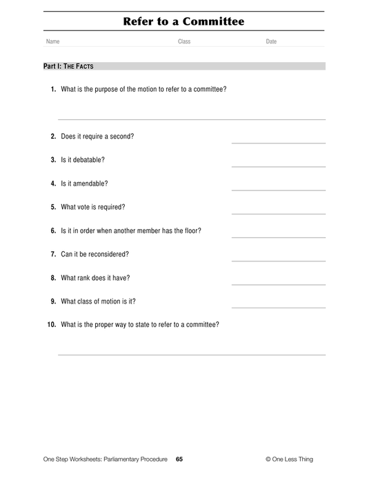 Parliamentary Procedure, One Step Worksheet Downloads