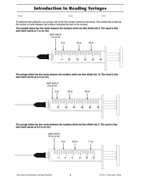 Syringe Reading, One Step Worksheet Downloads