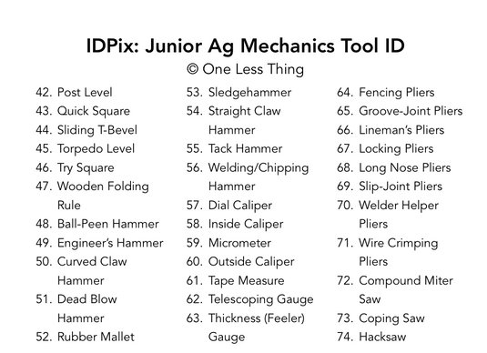 Junior Ag Mechanics Tool ID IDPix Cards